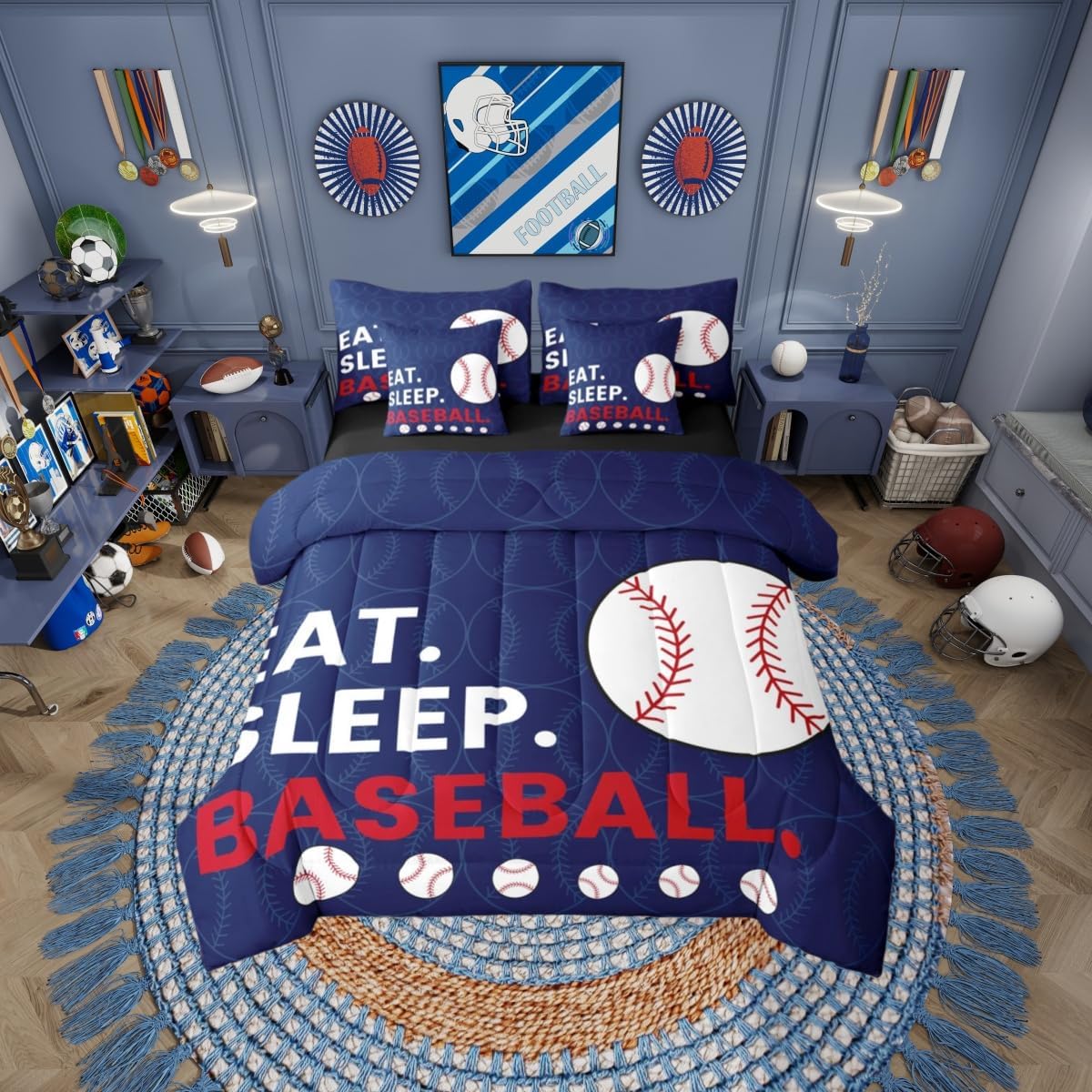 Erosebridal Kids Baseball Games Navy Blue Comforter Set Queen Size 7 Pieces | Softball Sports Gaming Bed in A Bag White Red Bed Set Boys Girls Teens Bedding