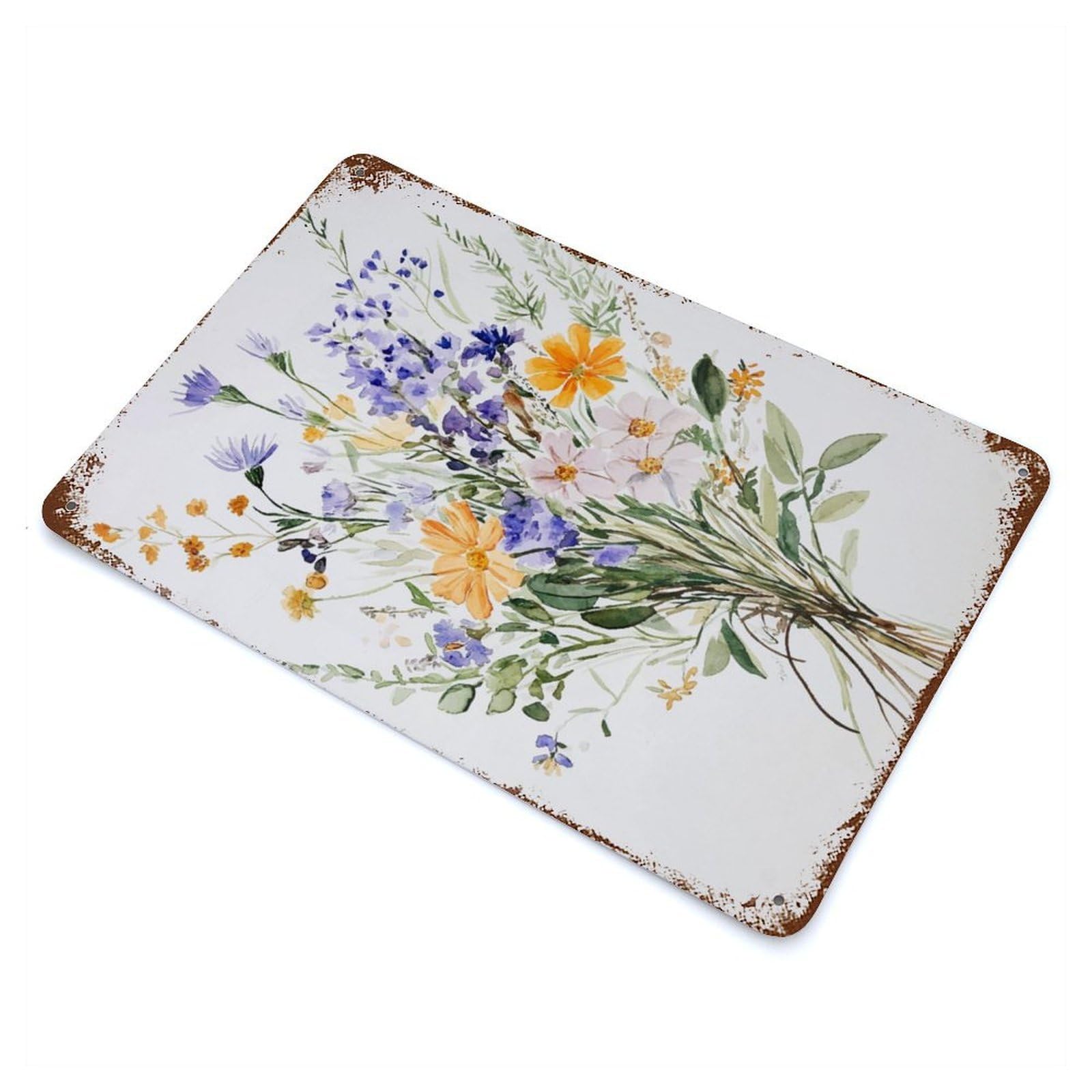 Distressed Metal Wall Sign with Watercolor Wildflower Bouquet Design 11.8"x7.9", for Office, Studio And Wall Decor, Industrial Home Decor