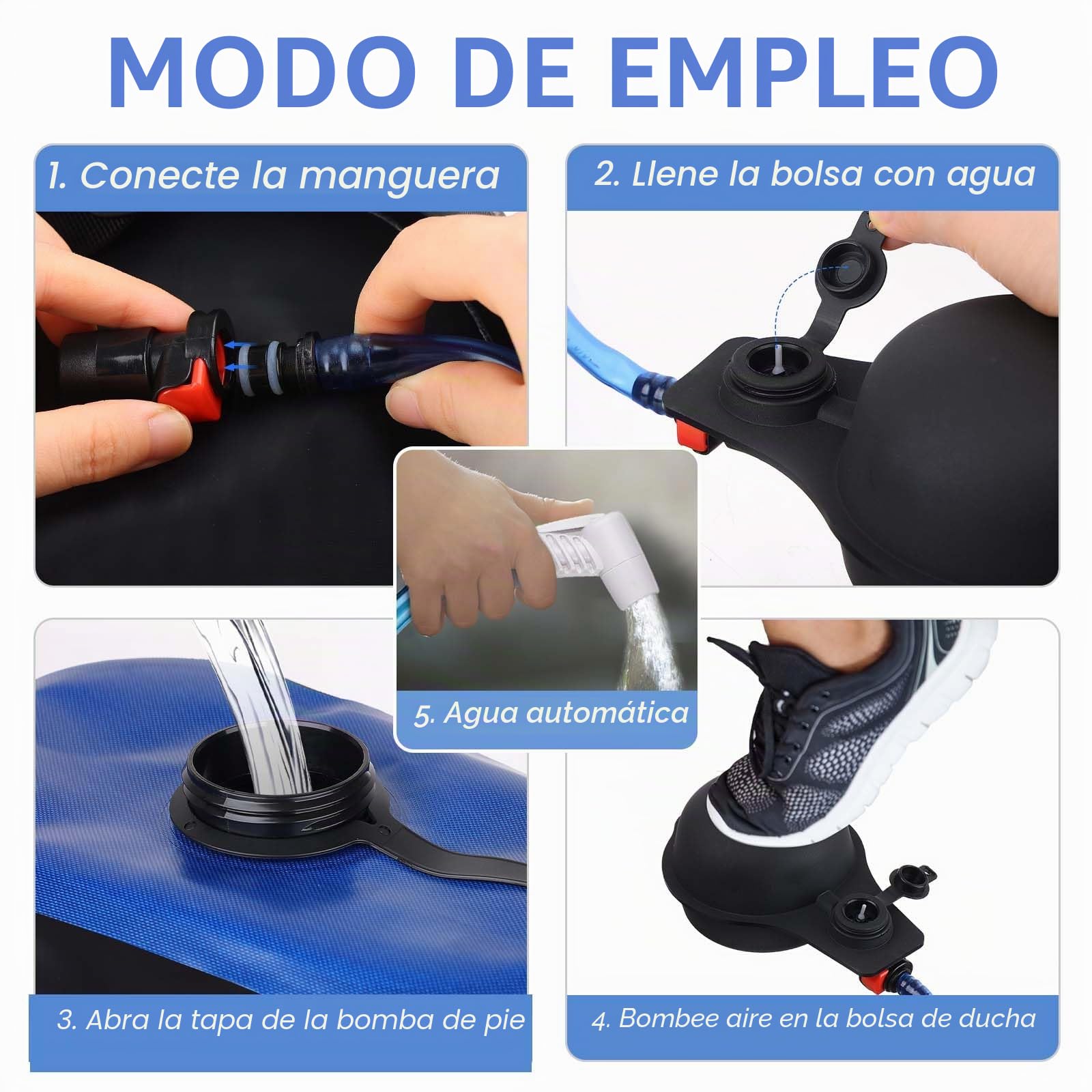 Ducha portatil Camper Ducha para Acampar Bolsa de TPU de 20L con Manguera Larga extraíble Bomba presión Boquilla Pantalla de Temperatura