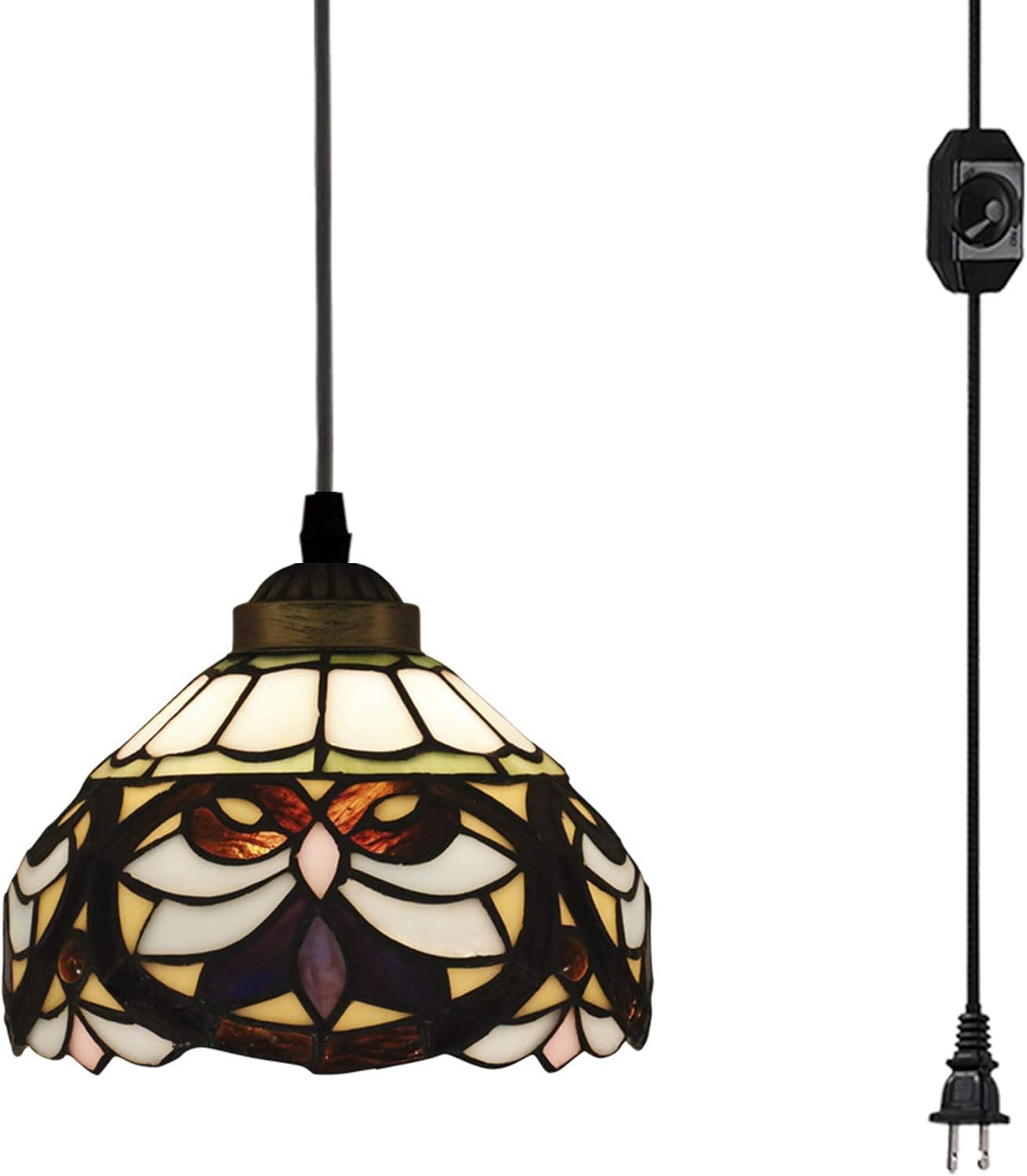 15ft Plug-in UL Listed On/Off Dimmer Switch Cord Tiffany Style Colorful Handmade Mediterranean Glass Shade Antique Chandelier Decorative Pendant Light Bulb Not Included TB0465