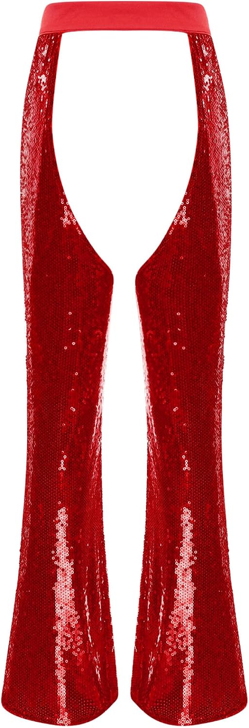 Sywiyi Womens Halloween Cowgirl Chaps Y2k Rave Outfits Sparkly Festival Pants For Birthday Clubwear Red Large