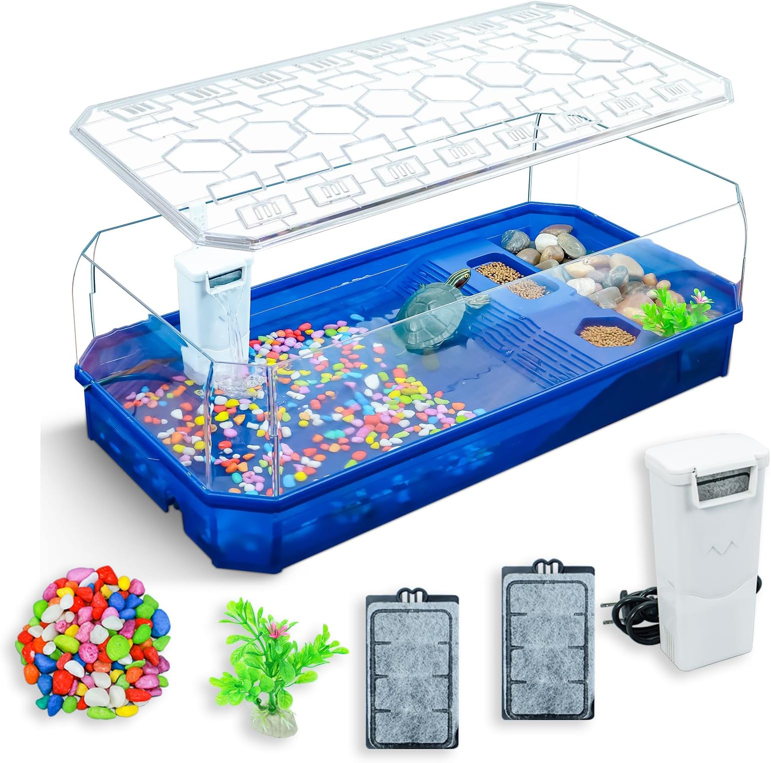 Aquatic Turtle Tank Habitat Kit Stone+Filter+Heat Lamp Enhancing Interaction with 360° Viewing, Standalone Filtration, DIY Creative Zone, Enriched Living (Blue, L[Without Light])
