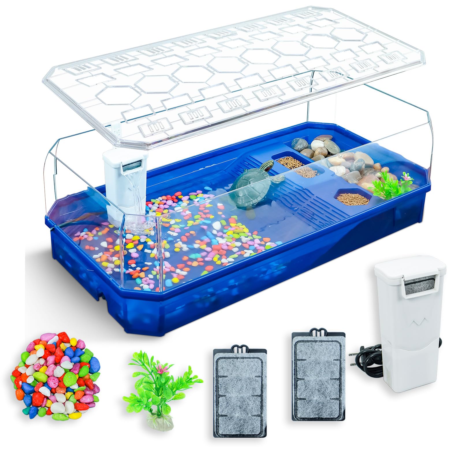 Aquatic Turtle Tank Habitat Kit Stone+Filter+Heat Lamp Enhancing Interaction with 360° Viewing, Standalone Filtration, DIY Creative Zone, Enriched Living (Blue, L[Without Light])
