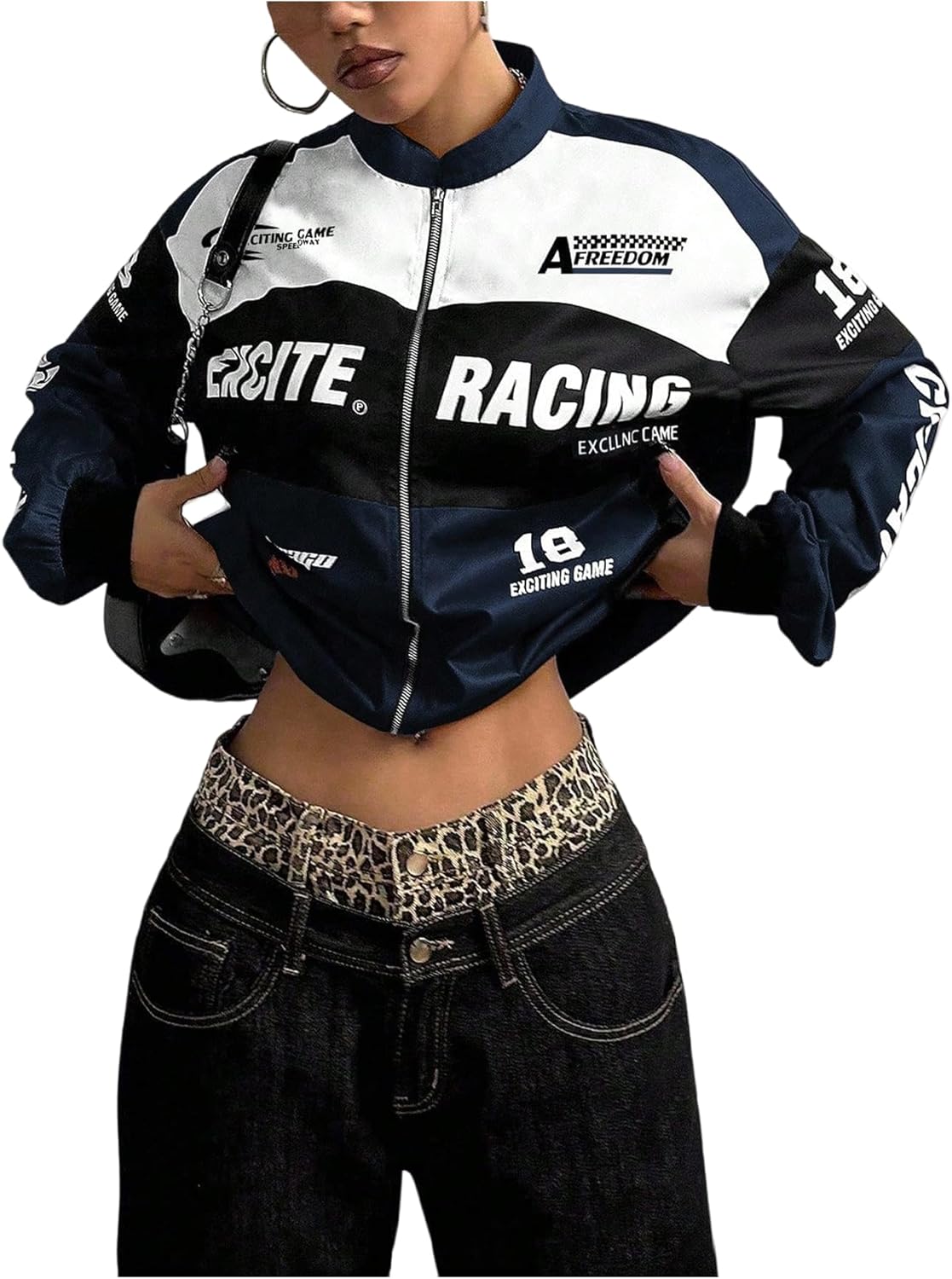 GORGLITTER Women's Y2K F1 Racing Jacket Oversized Graphic Zip-Up Bomber Streetwear Coat