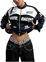 GORGLITTER Women's Y2K F1 Racing Jacket Oversized Graphic Zip-Up Bomber Streetwear Coat