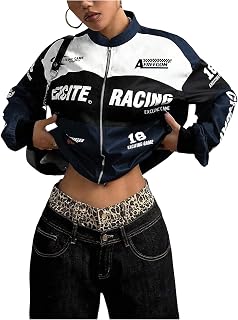 GORGLITTER Women's Y2K F1 Racing Jacket Oversized Graphic Zip-Up Bomber Streetwear Coat