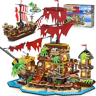 INSOON Pirate Shipwreck House Mini Building Set with LED Light, 1854 PCS, 2 in 1 Pirate Ship Building Block, Shipwreck Mod...