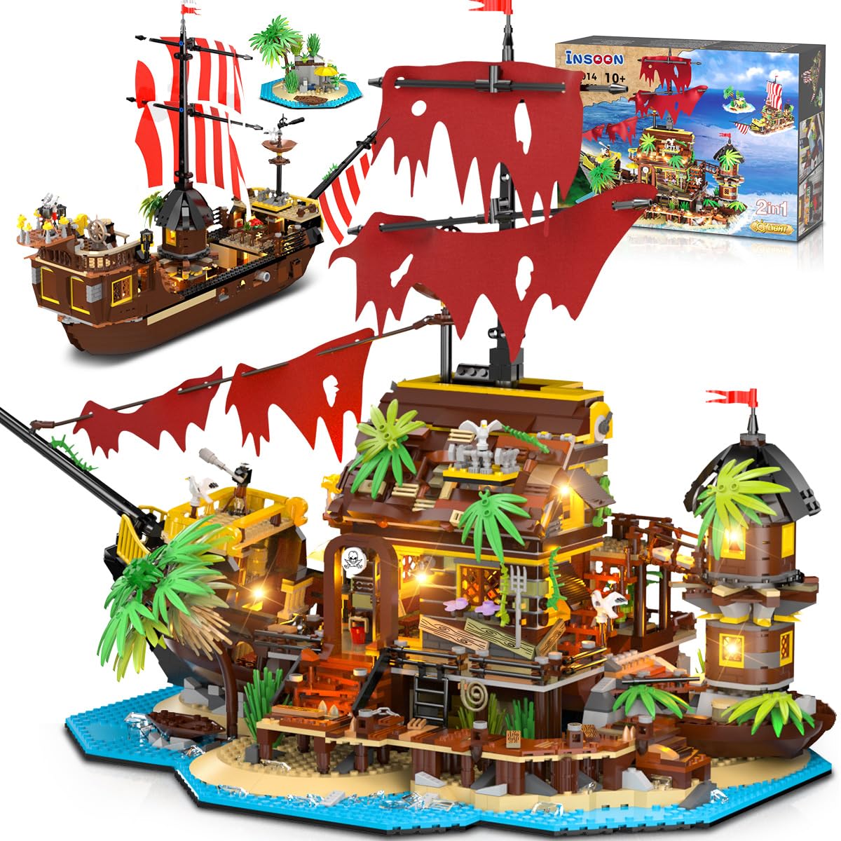 Sponsored Ad - Pirate Shipwreck House Mini Building Set with LED Light, 1854 PCS, 2 in 1 Pirate Ship Building Block, Shipwreck Model Home Decor, Kids Boys Age 10-12+