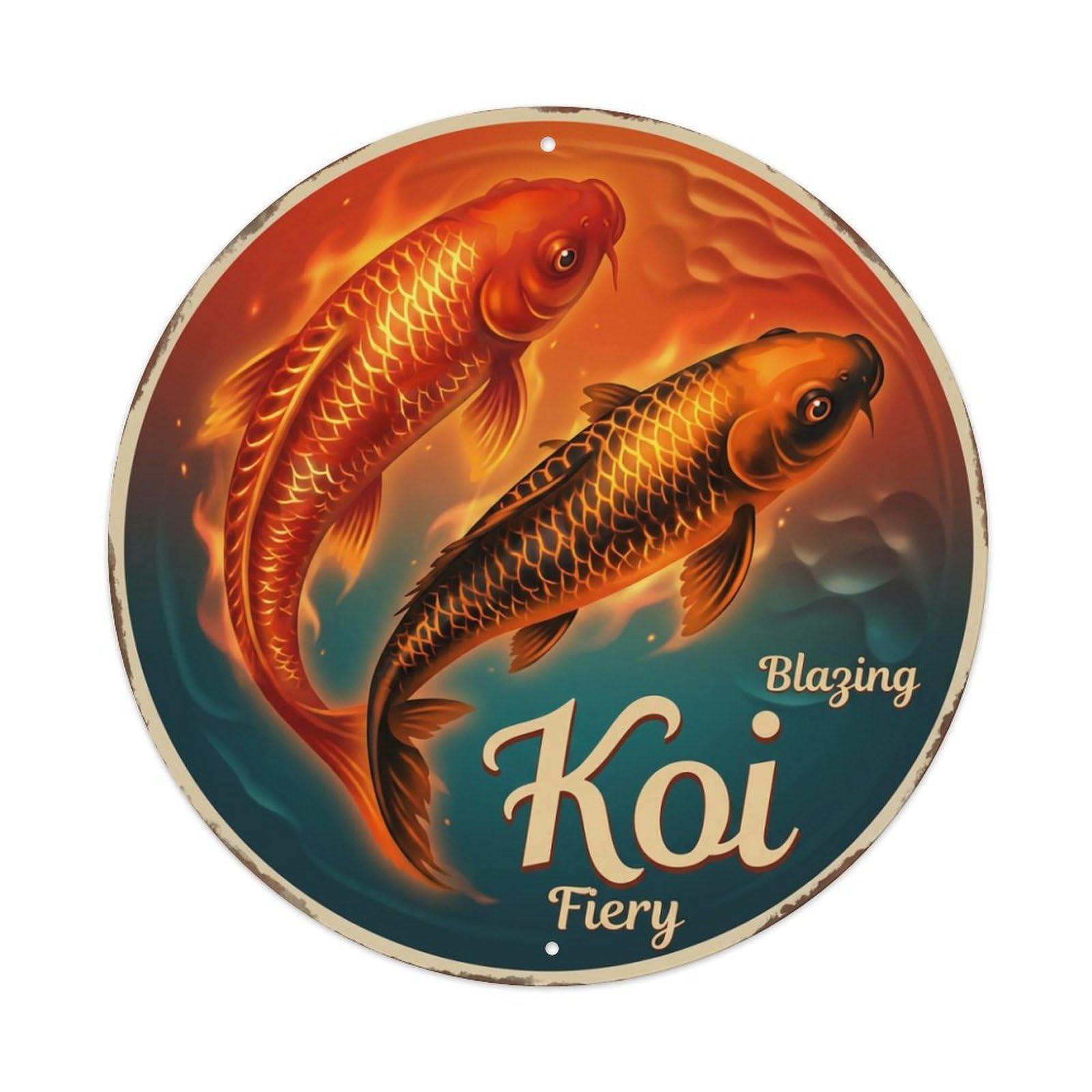 Metal Tin Sign Koi Fish Flame Fire Japanese Vintage Art