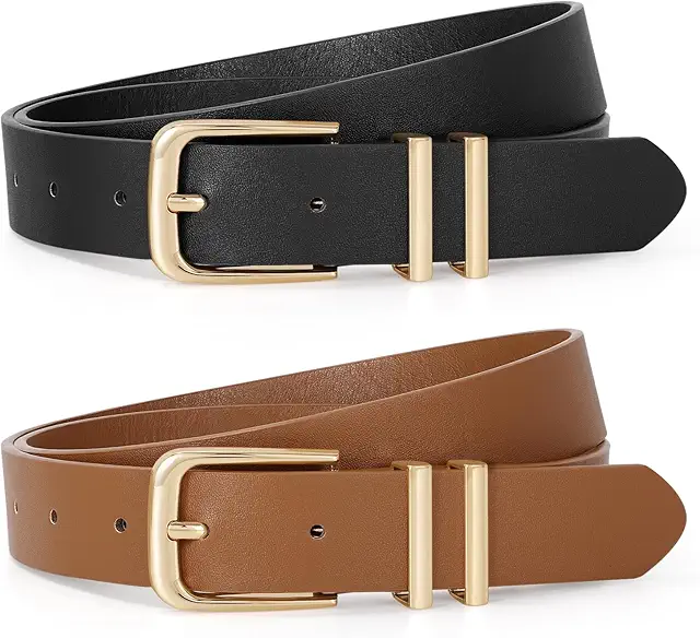 Women's Leather Belt with Gold Buckle - Fashion Waist Belt for Jeans & Dresses