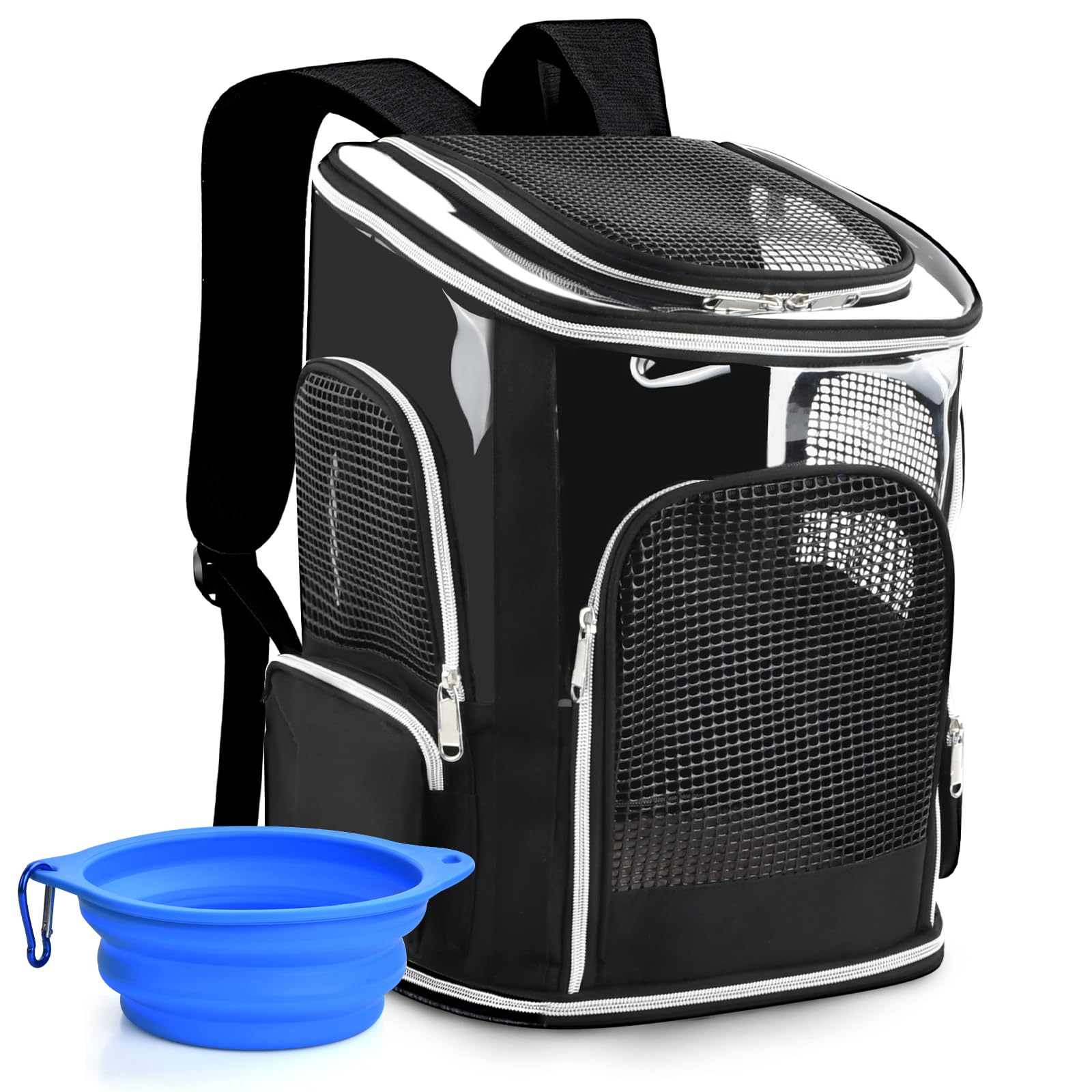 Zaino per animali domestici, zaino per gatti, fino a 10 kg, zaino per animali domestici con finestra a rete e ciotola pieghevole per viaggi, escursionismo (nero)