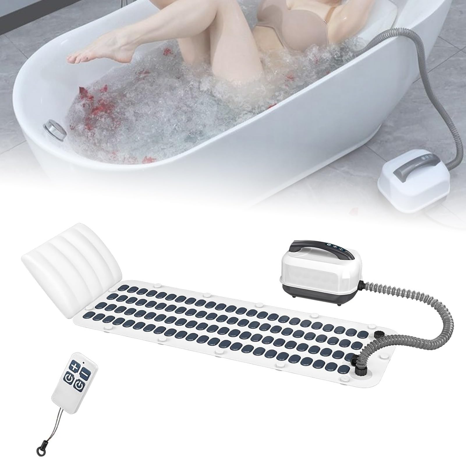 Macchina Tappetino Bagno Completo Corpo con Regolazione a 6 velocità | Il tappetino da bagno for massaggio surf domestico include 114 ugelli a bolle con cuscino gonfiabile + telecomando