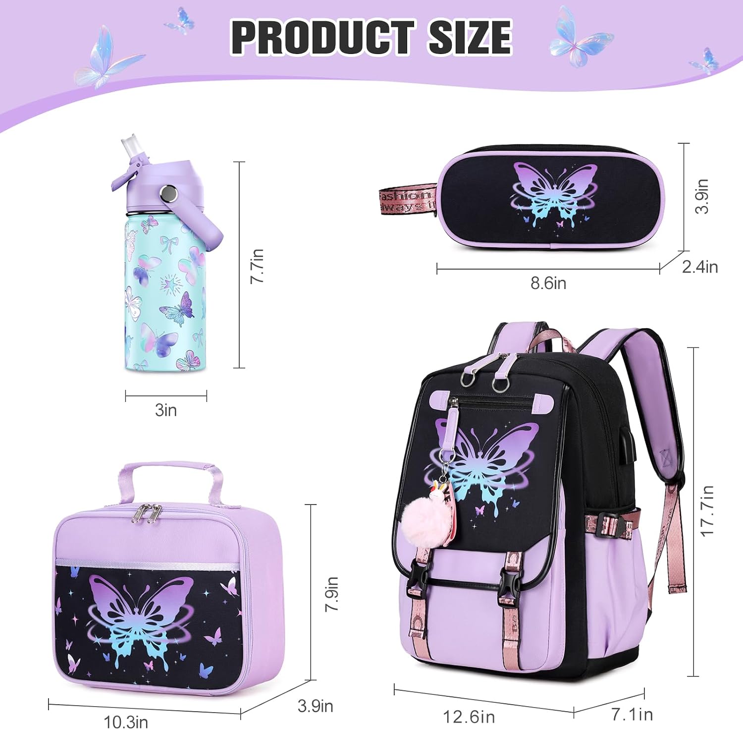 Bevalsa Kids Backpack for Girls with Insulated Water Bottle, Purple Cute Bookbag for Girls Kid, 14oz Termos Kids Water Bottle, Insulated Lunch Bag & Pencial Case, Back To School Gift (Butterfly)