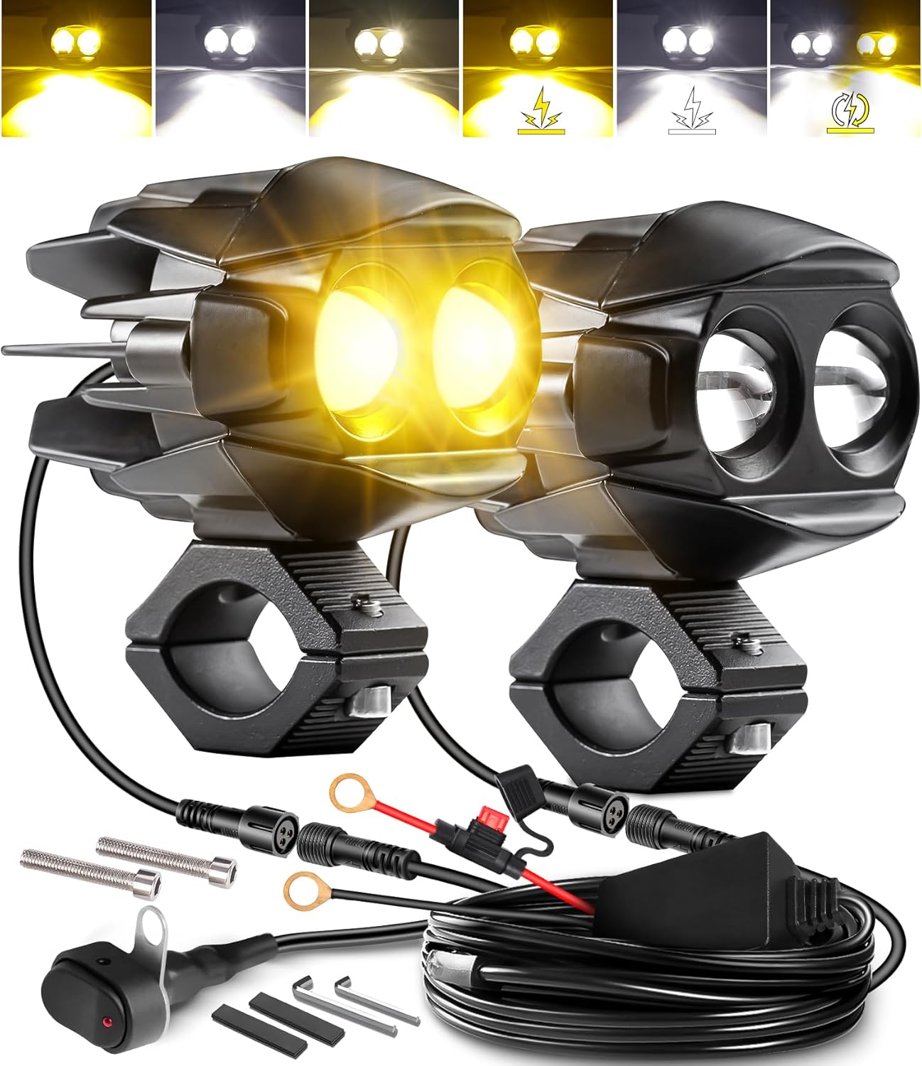 Motorcycle Driving Lights Kit,LEDMIRCY LED Luces Exploradoras Para Moto with Switch Wiring Harness Auxiliary Spot Light 6Modes White/Amber Strobe Offroad Fog Light with Memory Function IP68 Waterproof