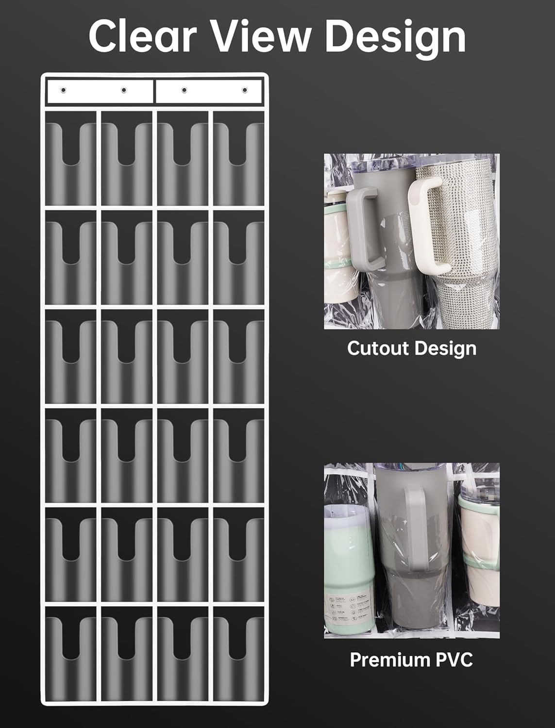 NiHome Clear 24 Pockets Door Hanging Water Bottle Organizer Compatible 40oz Stanley Tumblers, Hanging PVC Storage Holder With Hooks for Cups, Mugs, Foldable, Large Capacity for Kitchen - Image 4