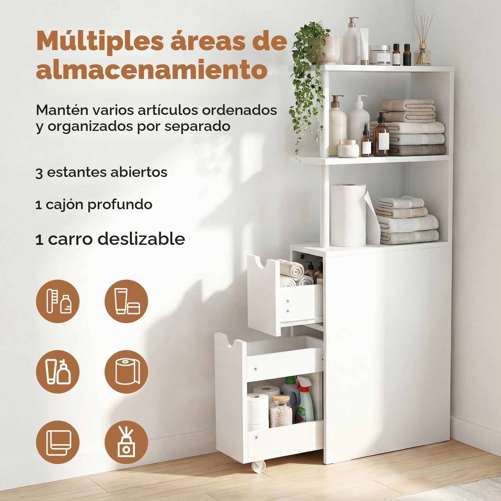 LIFEZEAL Armario de baño estrecho con estantes abiertos y cajón con ruedas, armario lateral alto, armario de almacenamiento independiente para salón y cocina, color blanco