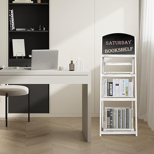 Miniatura 6 de NO MORE TAG Estante de escalera de 3 niveles con pizarra estante de escalera de madera estantería inclinada con espacio de almacenamiento estantes