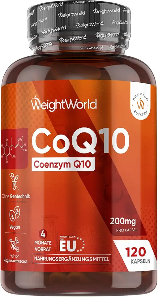 Coenzym Q10-200 mg pro Portion - 120 CoQ10 Kapseln - Aus Fermentation - 4 Monate Vorrat - 1 vegane Kapsel pro Tag - Frei von Magnesiumstearat & Gentechnik - Q10 Coenzym (als Ubichinon) - WeightWorld