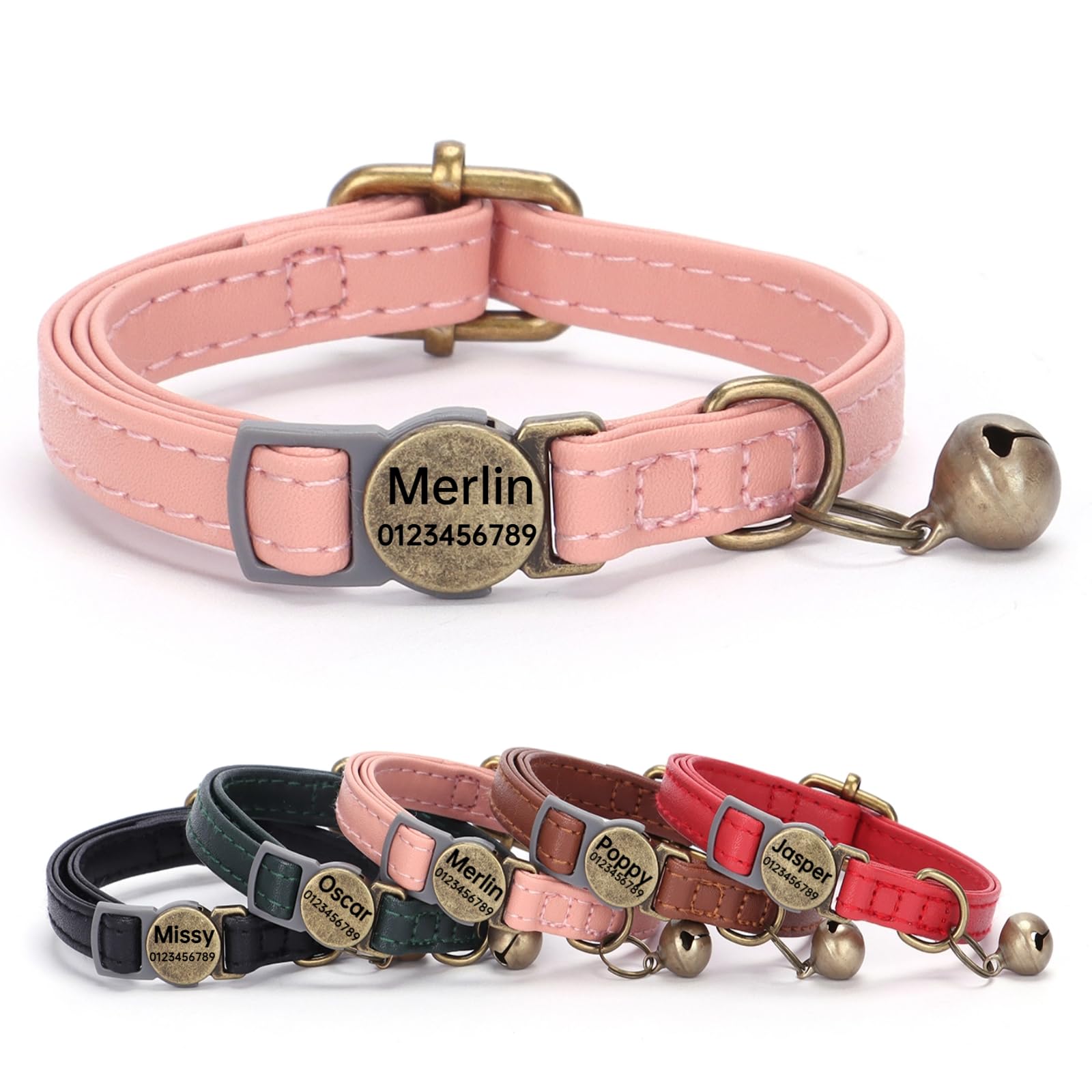 SEOUGEE Genuine Leather Cat Collar Quick Release with Personalised Name Tag, breakaway Kitten Collars with Removable Bells & Safety Release, Engraved buckle, 19-30 CM Adjustable, Vintage Pink — image 1