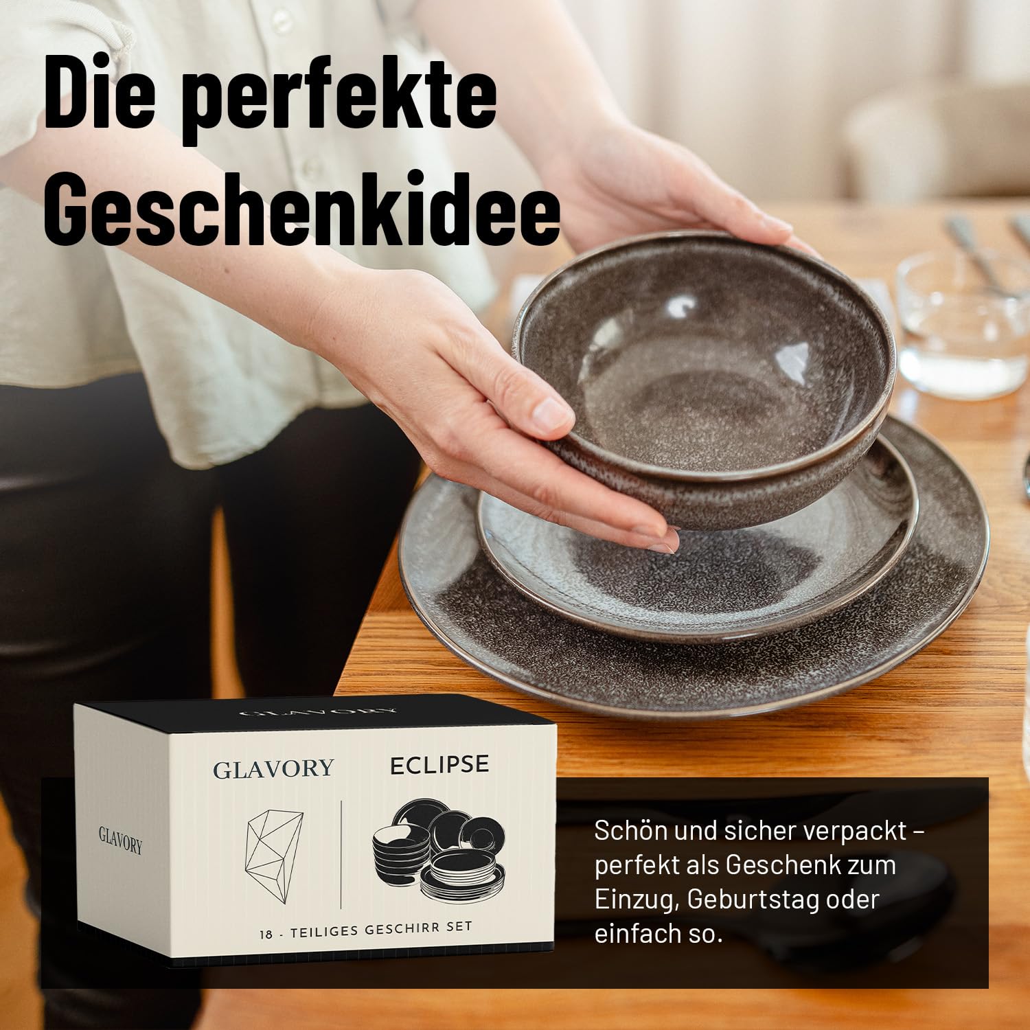 Glavory Eclipse *NEU* – Steingut Geschirr Set 6 Personen – 18-teilig – Service & Geschirrsets in Schwarz – Tafelservice mit Geschenkverpackung