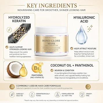 Maybe Paris Bond Gloss Mask, with Hydrolyzed Keratin & Hyaluronic Acid, Helps Support Stronger, Smoother & Shinier Looking Hair, for Dry, Dull & Damaged Hair, Sulfate-Free & Silicone-Free (1)