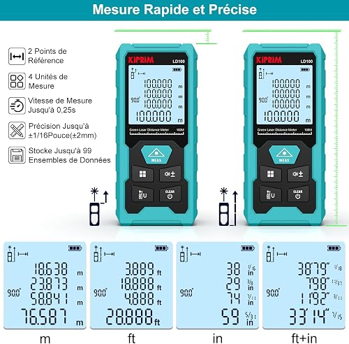 Kiprim Télémètre Laser Vert, 100M Appareil de Mesure Numérique avec Batterie USB Type C, Précision ±2 mm, Niveau Électronique, 10 Modes de Mesure, Laser de Classe II, Plaque Réflectrice, LD100 - 5