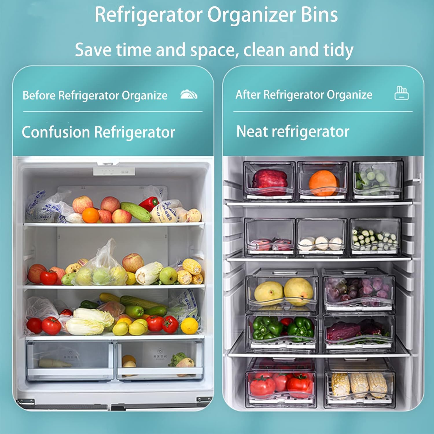 YekouMax Organizer Frigorifero, Impilamento Contenitori per Frigorifero, Salvaspazio, Riutilizzabile, Adatto per Cucina Familiare, Frigorifero, Ristorante, Ristorante Barbecue, Trasparente, Senza BPA