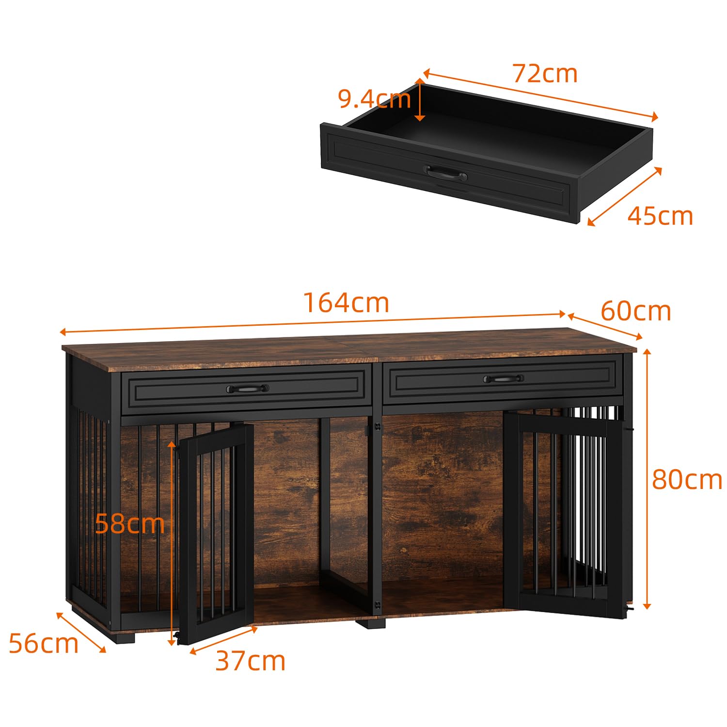 Hundekäfig Schrank XXL, Hundekäfig mit 2 Schubladen und 2 Türen, Hundebox für Zuhause Große/Mittlere Hunde,Beistelltisch, Hundehütte Indoor, Hundehaus für Zuhause, Schwarz, 164 x 60 x 80 cm, Eisen