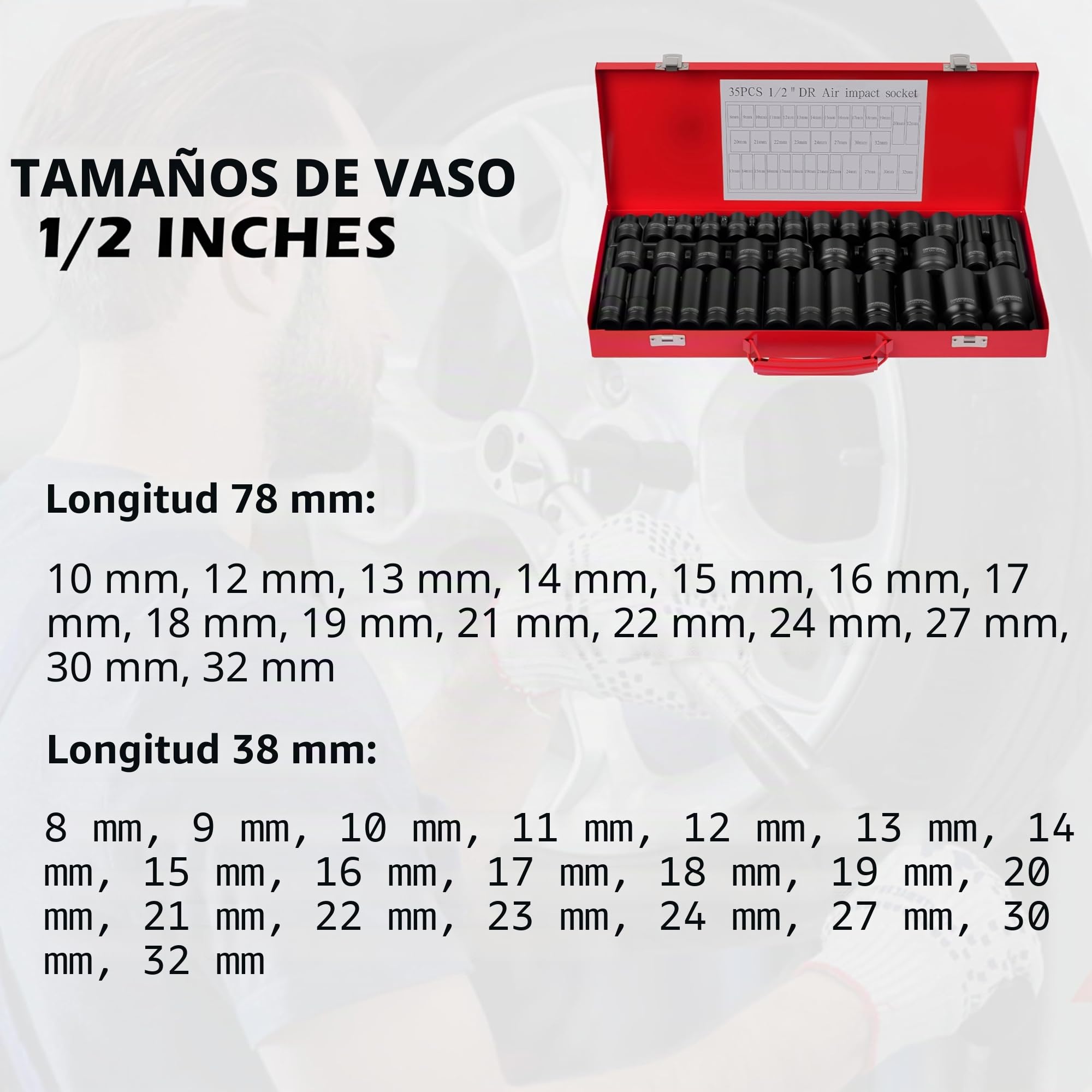 Juego de 35 boquillas de impacto de 1/2" 6 puntos 8-32 mm métricas profundas para coche, garaje