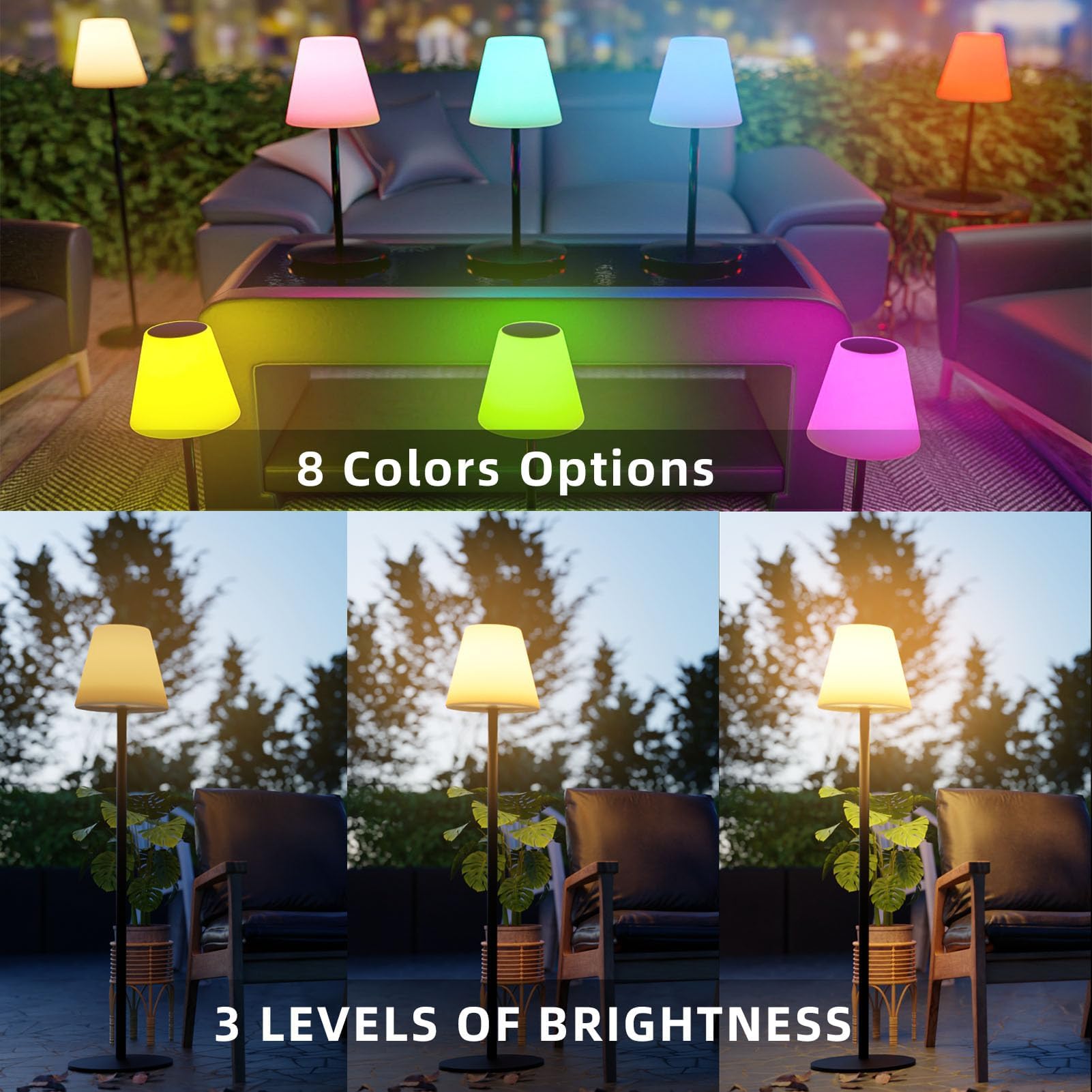 Lámpara de Pie Solar Inalámbrico Para Exteriores, Mandos a Distancia Blanco Cálido y RGB Regulable, IP44 Resistente al Agua Lámpara de Mesa Grande Para Jardín, Hotel, Patio (Negro)