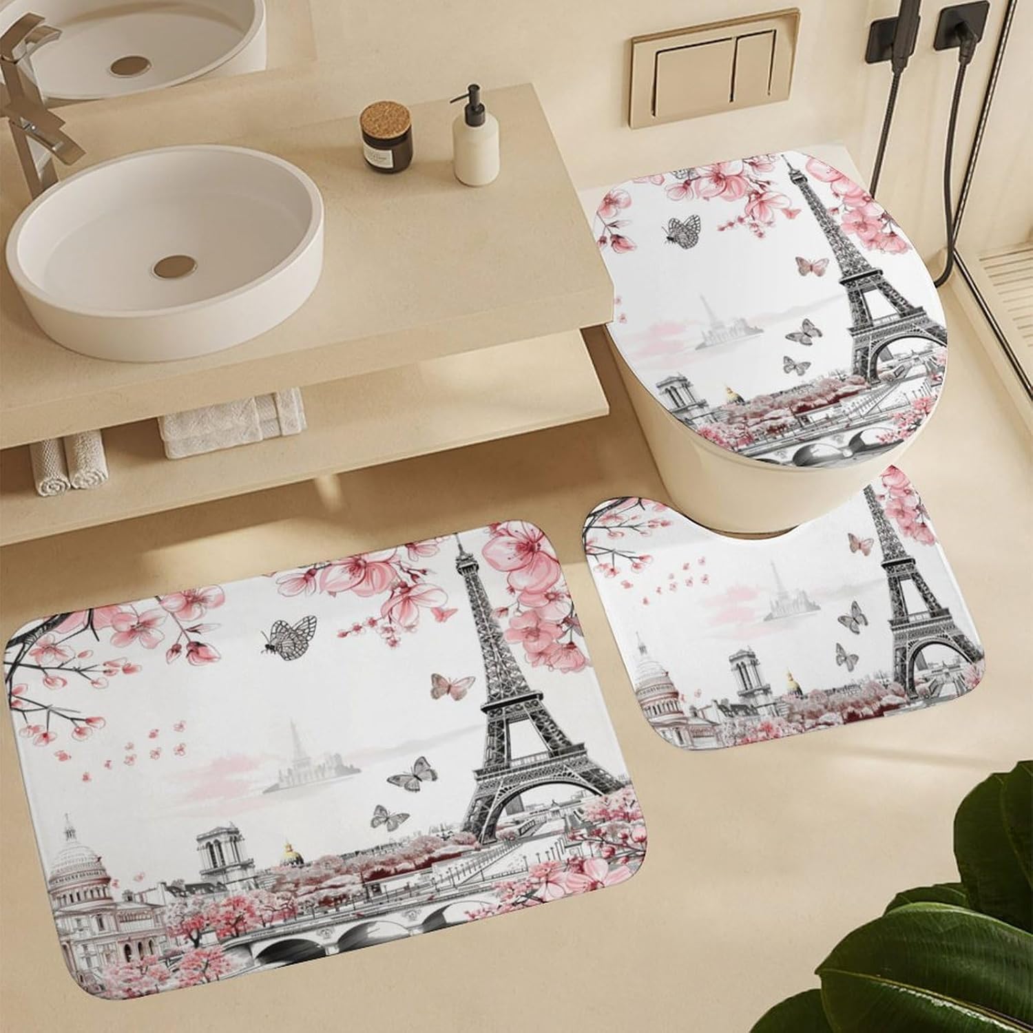 4Pcs Floral Butterfly City Landscape Shower Curtain Set with Toilet Lid Cover U-Shaped Mat and Non-Slip Rugs, Paris Eiffel Tower Cherry Blossom Shower Curtain Bathroom Decor Set, 72" X 72"