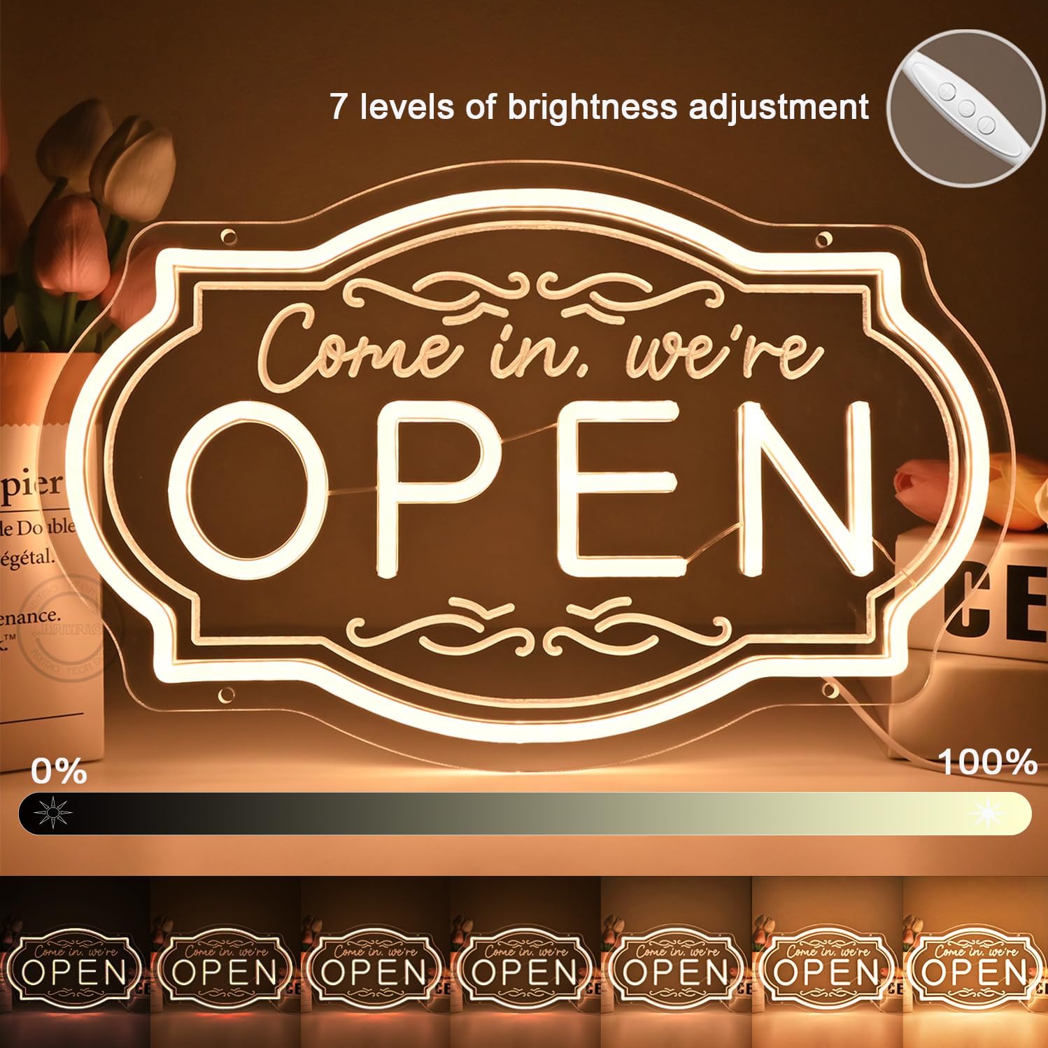 Britrio LED Open Sign for Business Neon Open Sign for Beer Bar Pub Cafe Restaurants Barber Shops Salons Tattoo Studios Club Wall Storefront Window Decor 5V USB Powered with Dimmer Switch Warm White