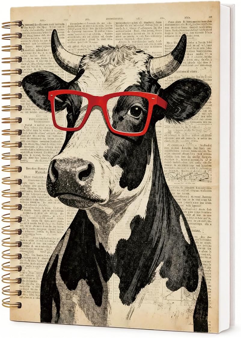 Funny Vintage Cow Spiral Notebook for Women & Teen Girls, Retro Farmhouse Journal with Red Glasses, 5.5x8.3 Inch Lined Notebook for School, Office, Writing & Gifts