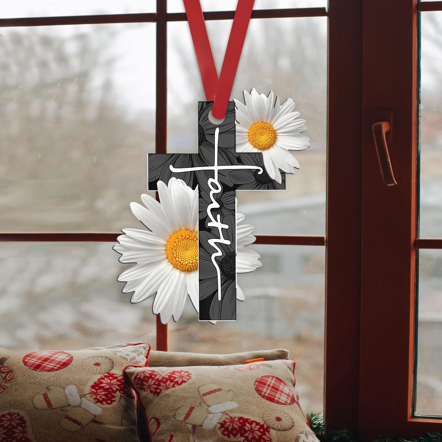 Talataca Christian God Jesus Cross Faith White Daisy Flower 2D Flat Car Rear View Mirror Accessories Christmas Tree Ornament Decoration Hanging Charm Interior Rearview Pendant Decor Gift - Image 4
