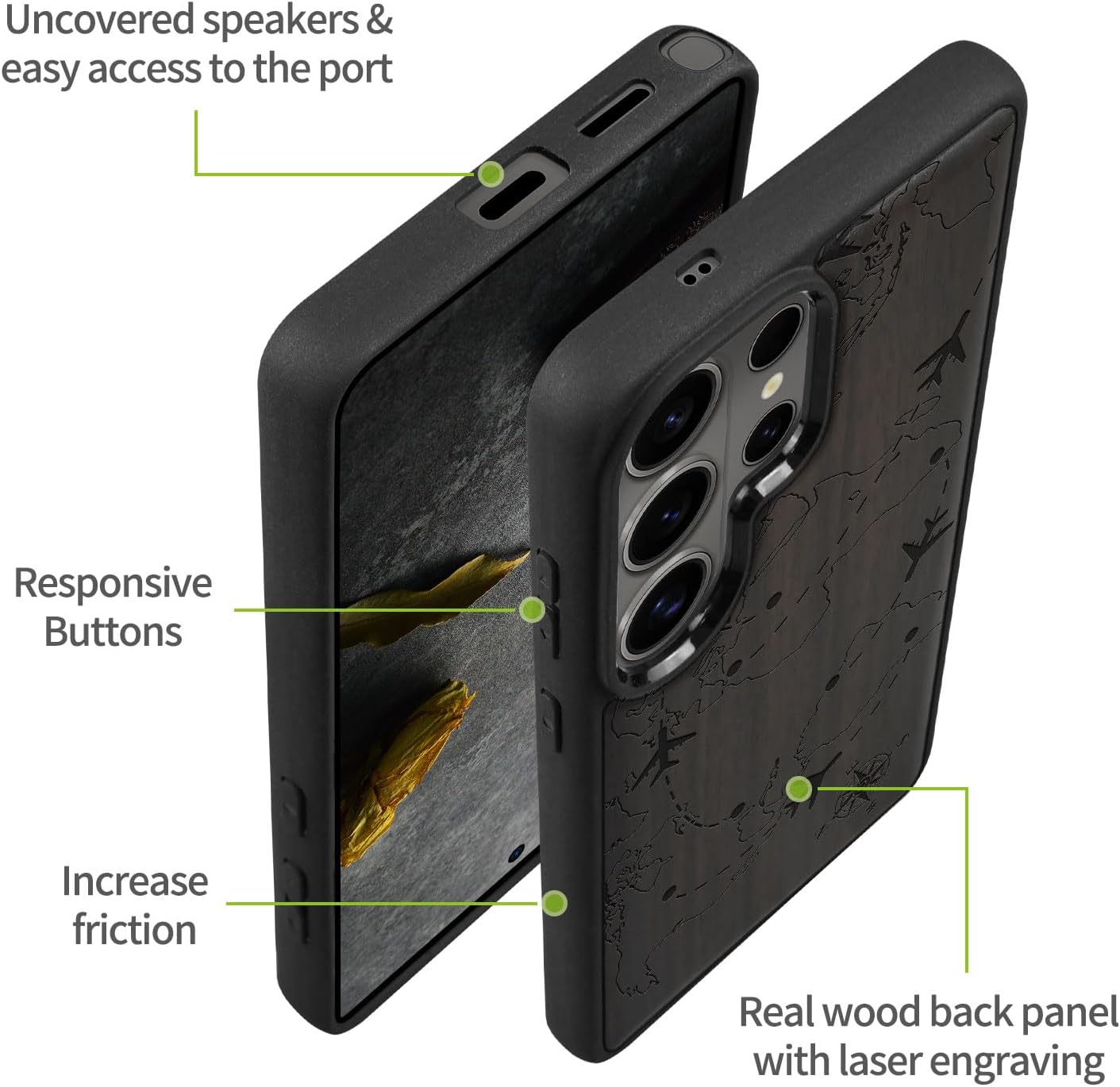 Carveit Magnetic Wooden Case for Samsung Galaxy S26 Ultra Case 2026, TPU Shockproof Cover & Wood Artisan Engraved, Compatible with MagSafe Wireless Chargers (World Flight Network) Blackwood