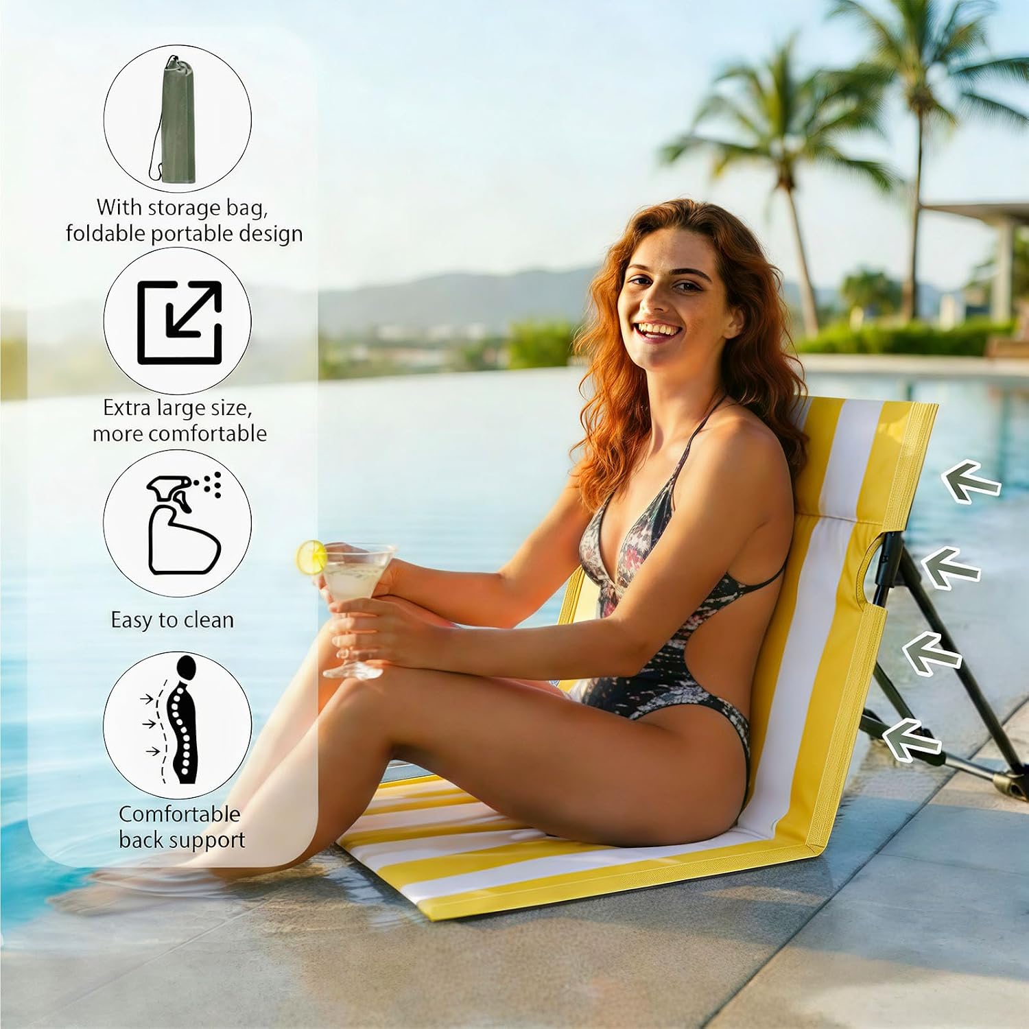 Stripes Foldable Pool Chairs,Ultra-Light Portable Beach Chair with Carry Bag for Sunbathing Swimming Poolside Picnic Lawn Road Hiking Trips (2, Yellow and White)