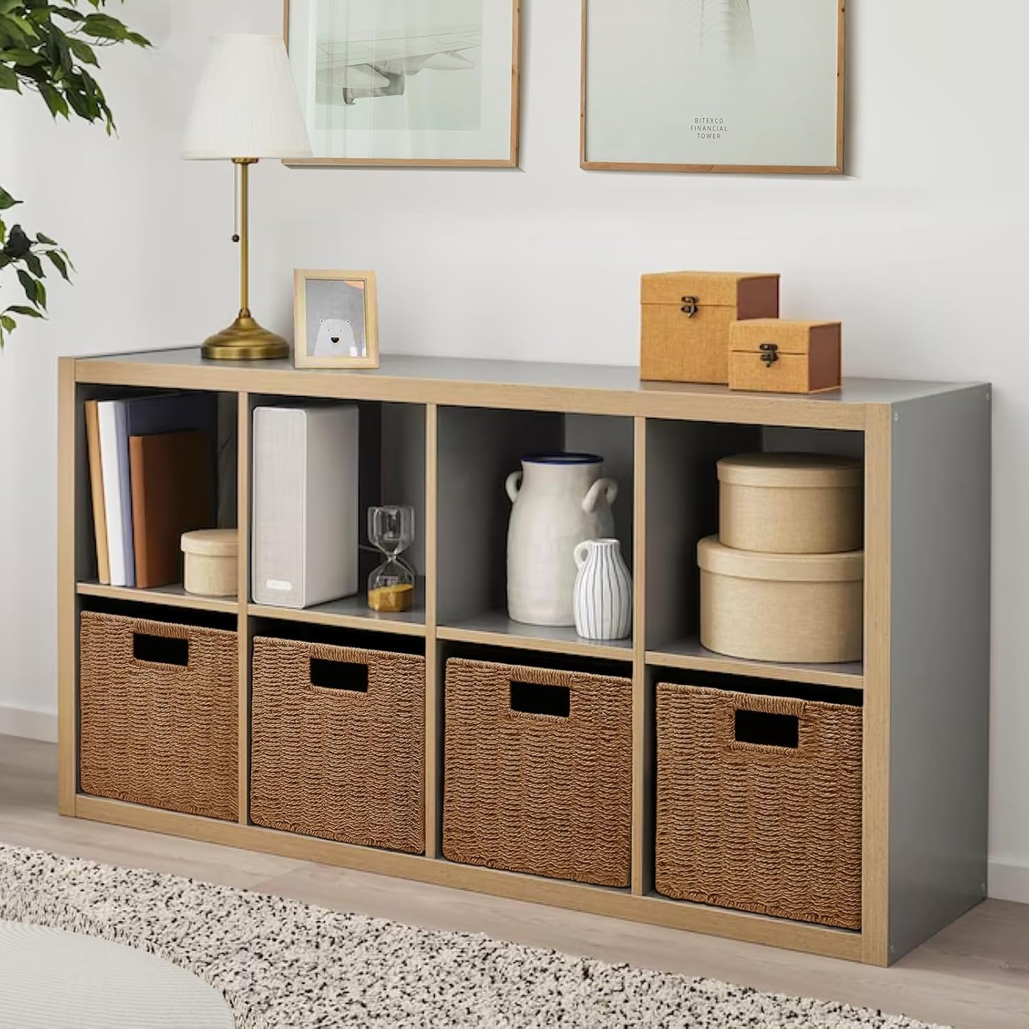 2 Cestas de Almacenaje, Cesta Mimbre Tejidas a Mano Cubo 28CM, Cesta Grande Plegable de Papel de Jacinto de Agua con Asas, Cesto Decorativo para Baño Estanterías Kallax Cocina Marrón