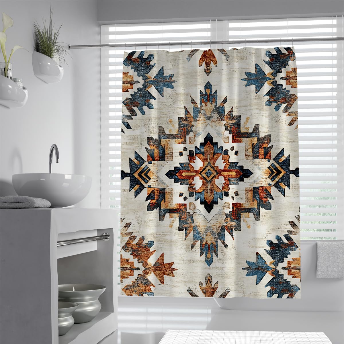 UERWOWELL Aztec Ethnic Shower Curtain Traditional Weathered Stone Textures Shower Curtain Waterproof Fabric Bath Curtains for Farmhouse Bathroom W220xL180 cm