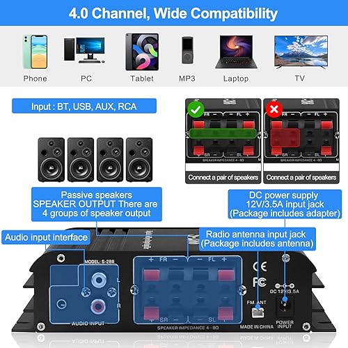 Miniatura 6 de Amplificador de audio estéreo para altavoces domésticos S-288 Bluetooth 5.0 HiFi Mini Amplificadores de Componentes de Audio Receptor 4.0CH RMS