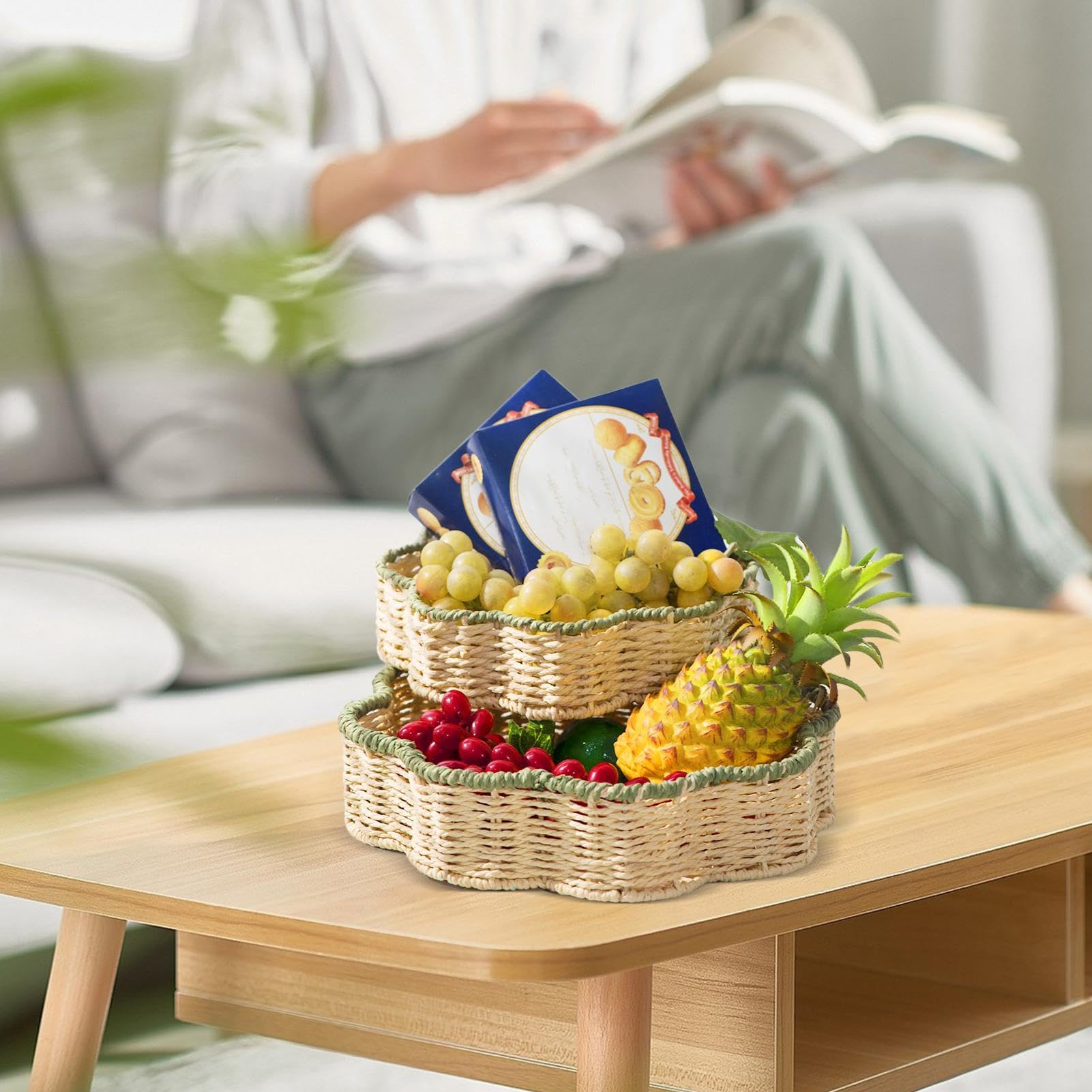 Cestino in rattan, Cestini di stoccaggio in , Cesto portaoggetti in rattan, Cestino smerlato intrecciato, Cestino intrecciato a mano, Cestino decorativo in corda di carta, Cesto portaoggetti
