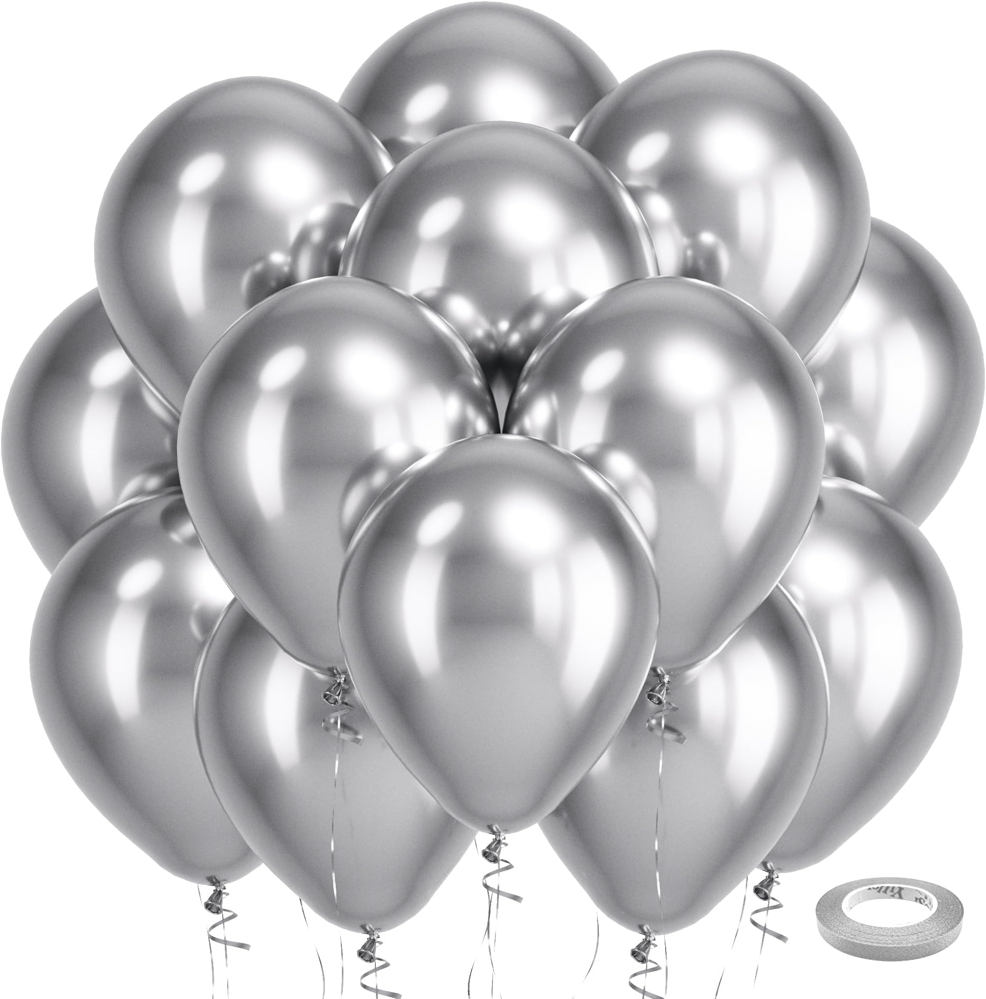 Silver Metallic Chrome Latex Balloons, 100 Pack 12 inch Silver Round Helium Balloons for Wedding Graduation Anniversary Baby Shower Birthday Party Decorations
