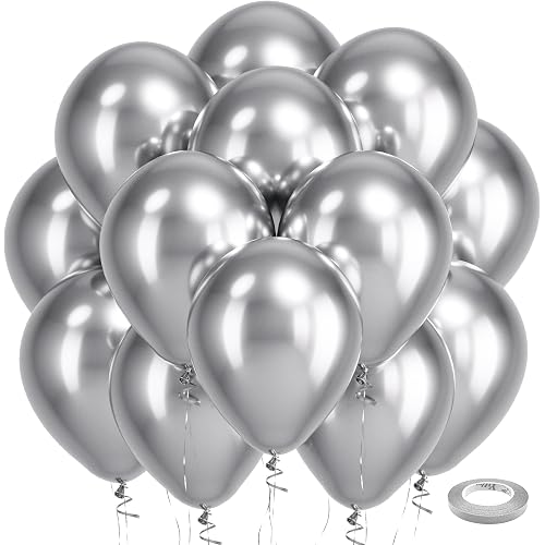 Bezente Silver Metallic Chrome Latex Round Helium Balloons 100 Pack 12 inch