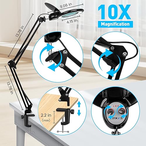 Miniatura 6 de Lupa de 10 veces con luz y abrazadera, lámpara LED KIRKAS de aumento, 2200 lúmenes, cualquier modo de color y atenuación continua, luz de lupa de