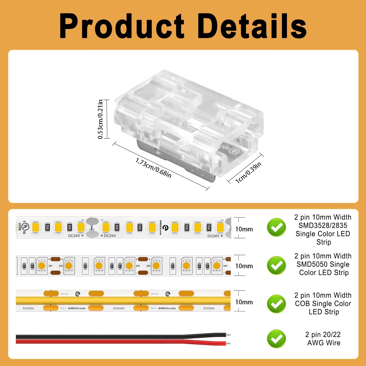 COB 0.39in(10mm) 2 pin Transparent Connector, 12pcs 8-in-1 LED Strip Connectors, for Non-Wired Gapless Solderless