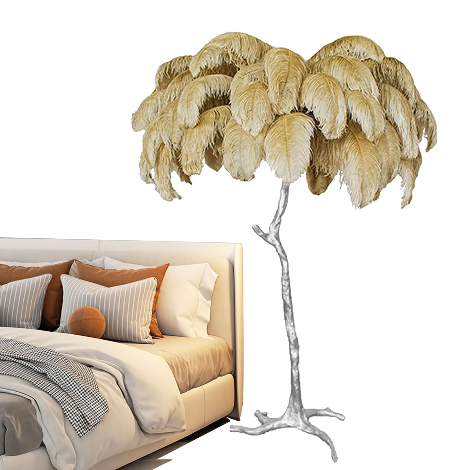 Modern Bedroom Standing Lamp, Natural Ostrich Feather Lamp Romantic Silver Floor Feather Lamps Decorative Lighting for Girl Bedroom