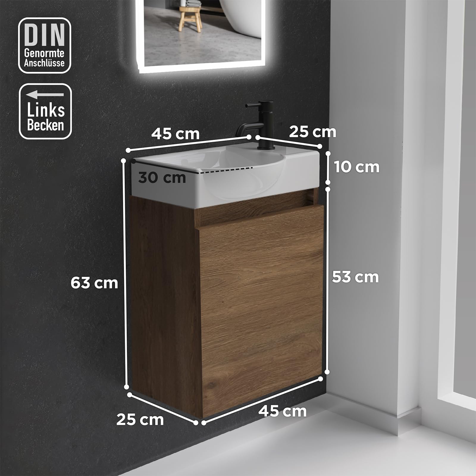 Alpenberger Gäste WC Waschbecken mit Unterschrank | Kleines Badmöbel 45 cm Breit | Waschtisch mit Waschbeckenunterschrank (Eiche, Waschbecken - Linke Seite)