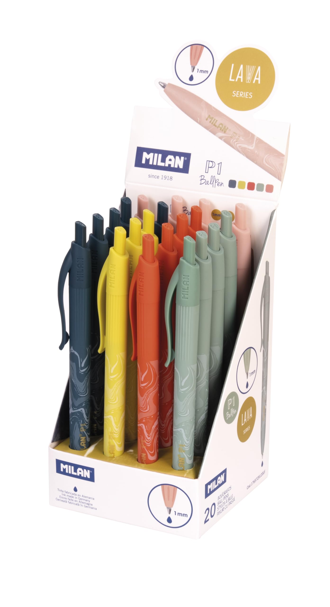 MILAN® Display box 20 P1 Lava pens, blue ink