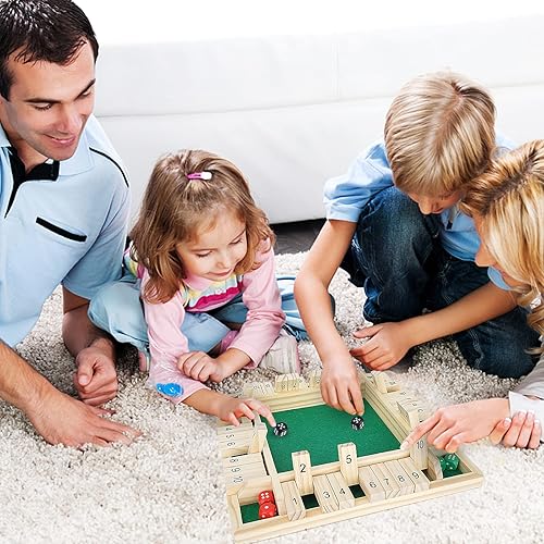 Miniatura 4 de Juego de dados “Shut the Box” (cierra la caja) para 4 jugadores con 10 números, tablero en madera de 4 lados para juego de mesa tradicional, para