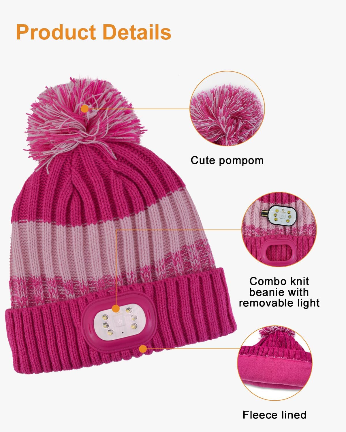 Kids LED Beanie with Light, 3 Modes Headlamp Beanie Pompom Hat, Rechargable Removable USB, Gift - Image 2