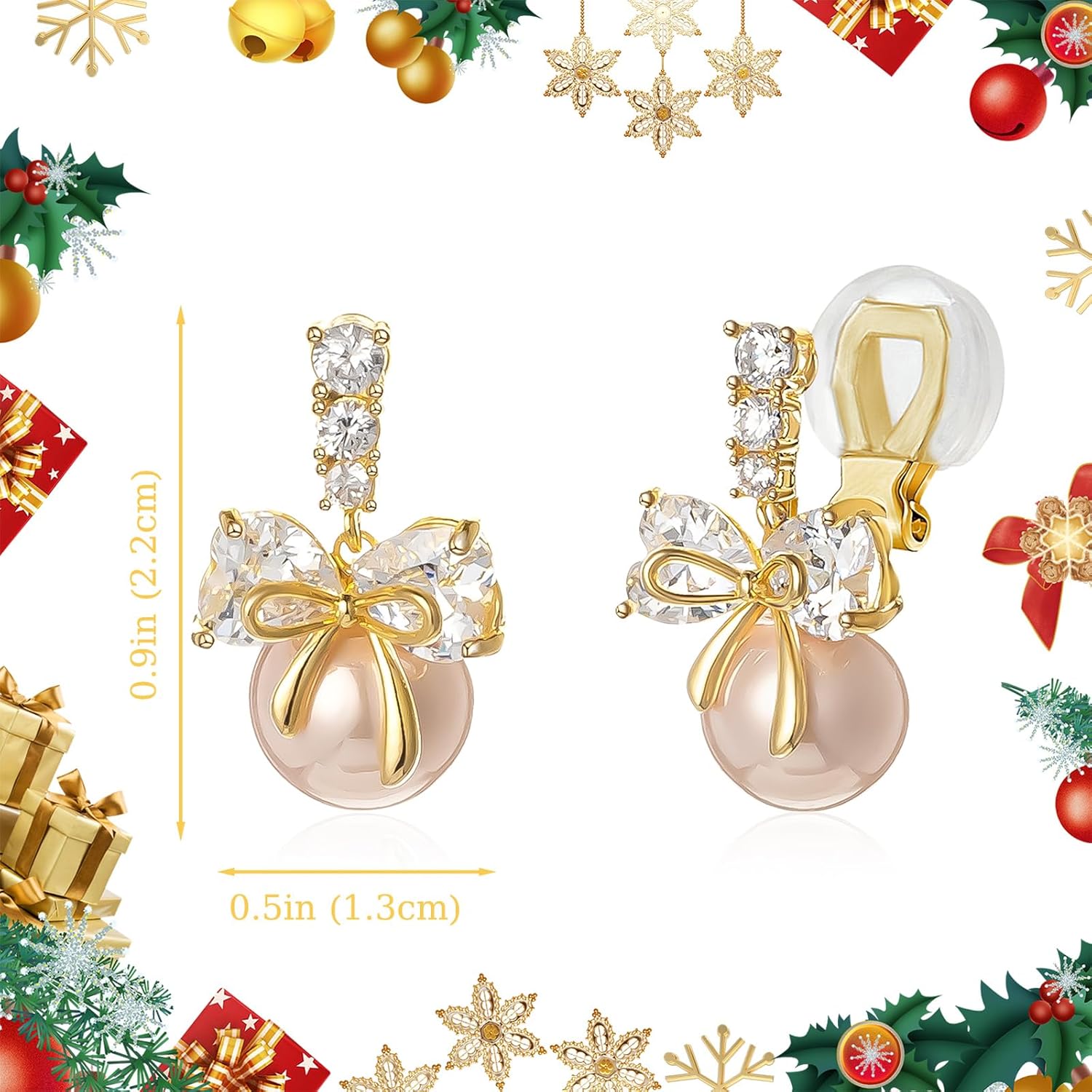 YOQUCOL Golden Bow Clip On Stub,Danle Drop Earrings for Women Simulated Pearl Christmas Xmas Bowknot Non Pierced Earrings - Image 2